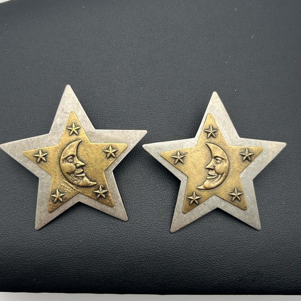 Two Tone Metal Large Star And Moon Pierced Earrings Celestial Astrological 43$
